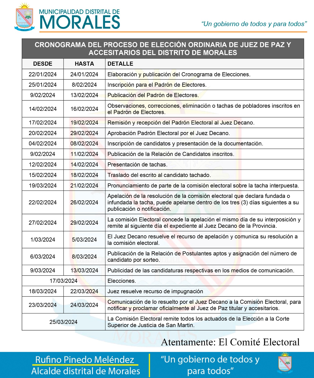 CRONOGRAMA DE ELECCIÓN POPULAR DE JUEZ DE PAZ DEL DISTRITO DE MORALES.